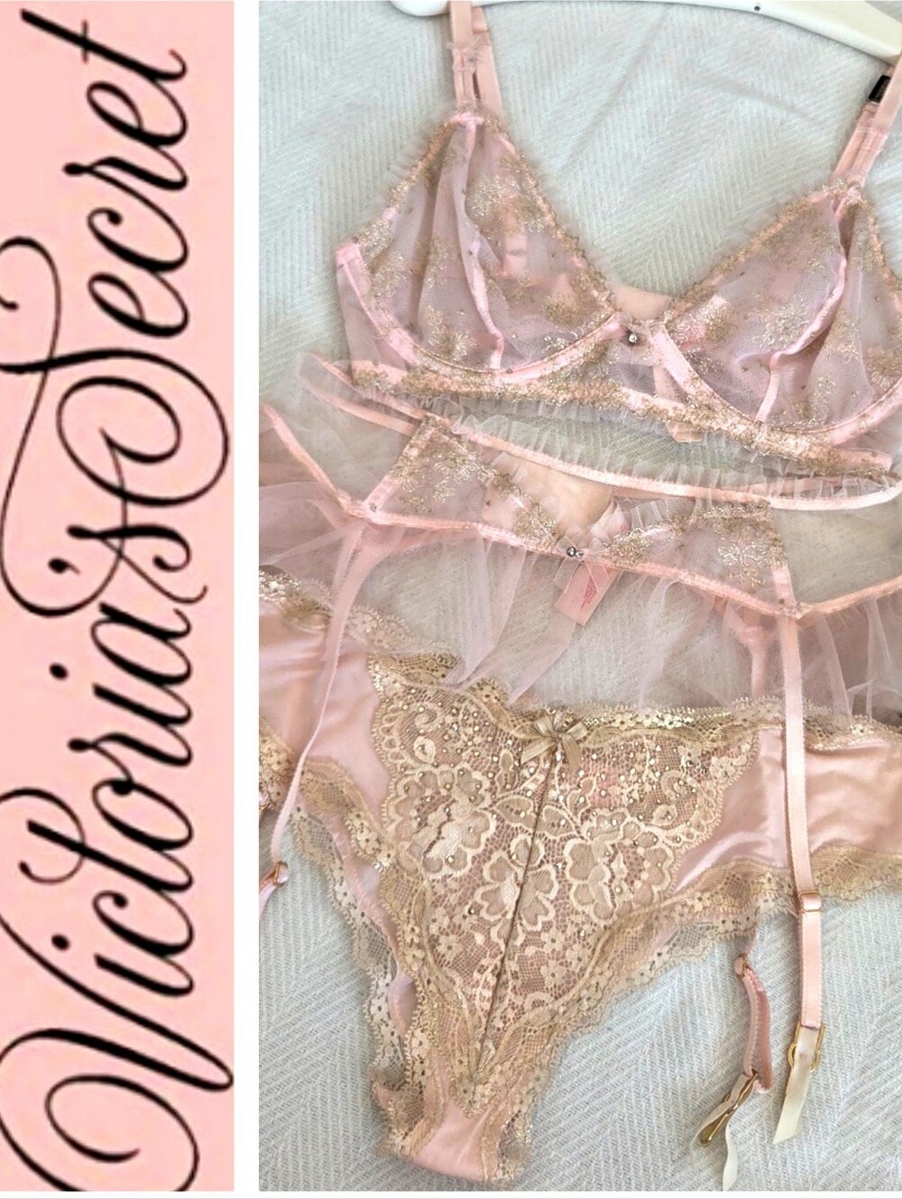 Victoria's Secret VTG Ballerina Pink Lace Garter Lingerie Set NWT RhinestoneRARE